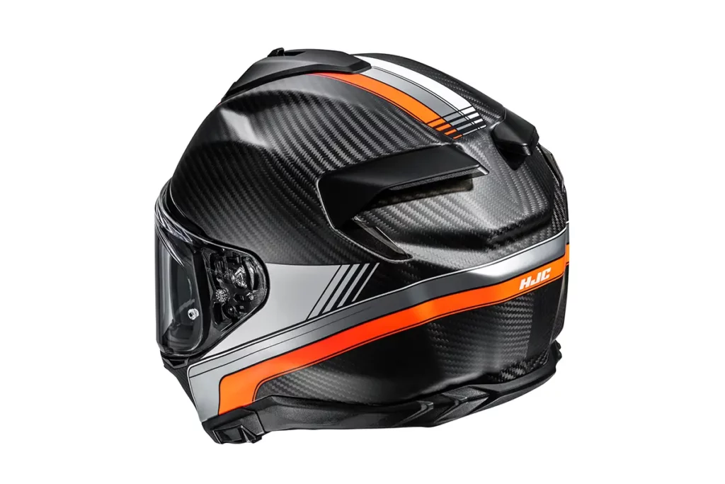 HJC estrena el F72: carbono, visor 2-Pivot y un diseño mucho más afinado 4 Parte trasera y lateral del HJC F72 Carbon con decoración naranja y gris