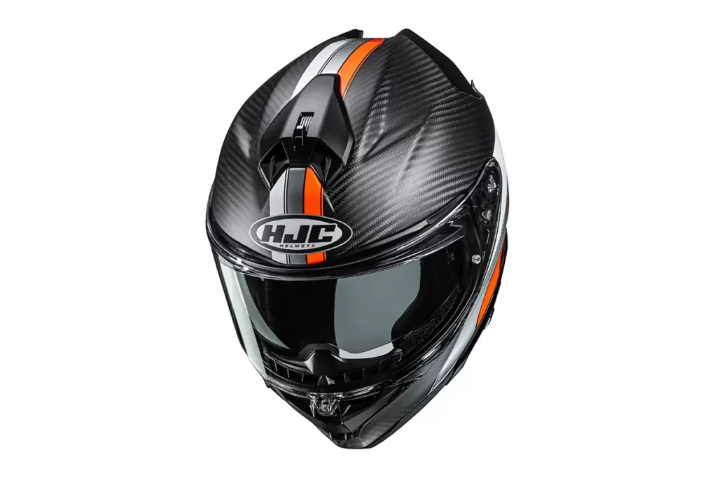 HJC estrena el F72: carbono, visor 2-Pivot y un diseño mucho más afinado 2 HJC F72 Carbon con decoración negra, blanca y naranja visto de frente