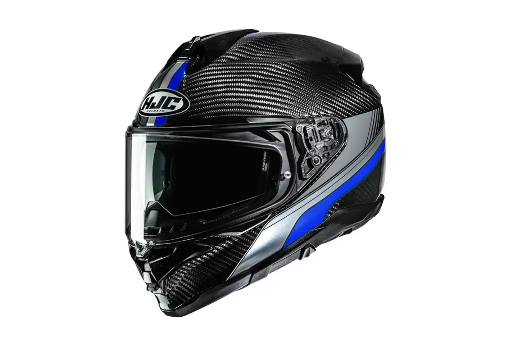 HJC estrena el F72: carbono, visor 2-Pivot y un diseño mucho más afinado 3 HJC F72 Carbon con decoración negra, gris y azul visto de perfil