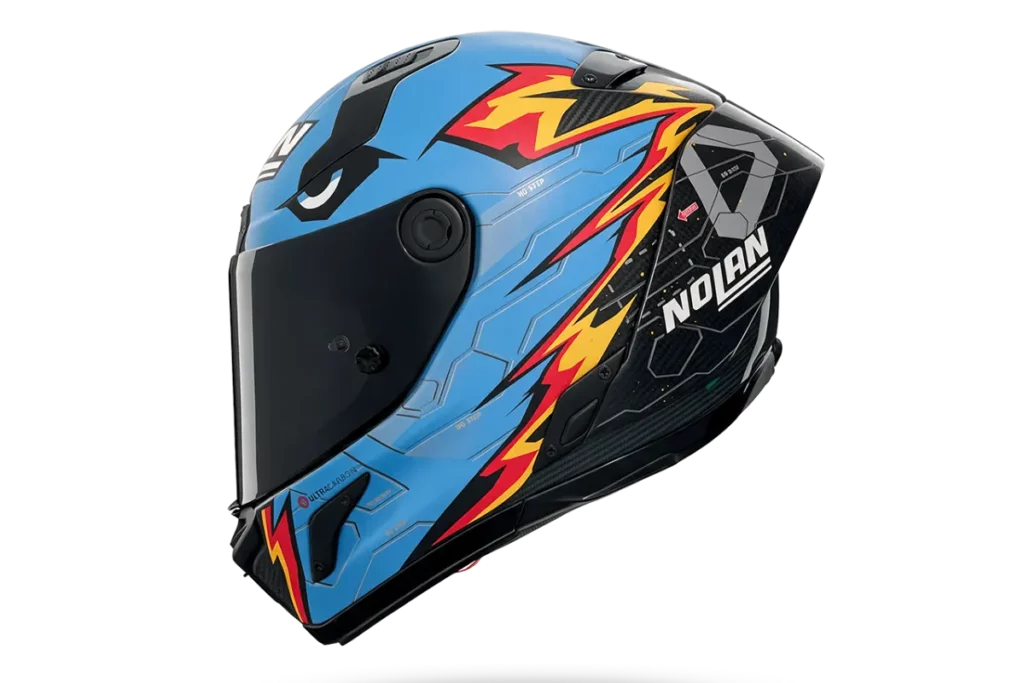 Nolan X-804 RS Ultra Carbon Oliveira Replica con decoración azul, roja y amarilla